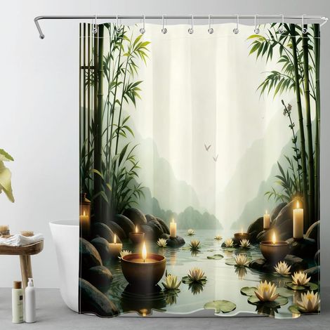 Spa Zen Rideaux de Douche 150x200cm Fleur de Lily de forêt de Bambou Vert Rideaux de Bain avec Crochets,Paysage montagneux Extra Longue Imperméable Polyester Anti Moule Salle de Bain Décor (1/5)
