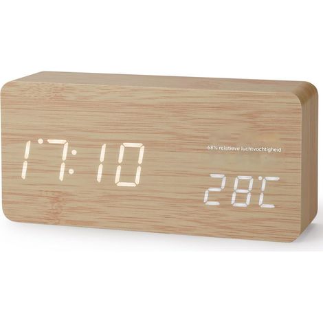 Réveil Digital - Affichage LED Température - Format 12/24 Heures - 3 Niveaux Luminosité - Interface USB - Bois Naturel - Pour Chambre Bureau Salon - 1 Pièce (1/5)