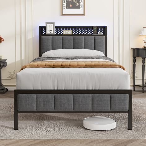 Cama 90x200 cm con Puertos USB y Cargador, Cabecero de Tela con Rayas Verticales, Estante 18 cm, Espacio bajo la Cama 27 cm - Negro Moderno (1/5)