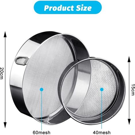 setacci in acciaio inox per cucina, setaccio per farina, setaccio per pasticceria con anello per appendere, setaccio fine in 2 misure, setaccio per panettiere, setaccio per grano, setaccio per aliment (1/4)