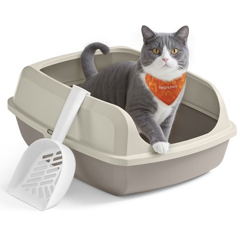 Bac à Litière pour Chat, Parois Hautes, XL, Ouvert sur le Dessus, avec Pelle, pour Chatons et Grands Chats, Beige Cappuccino (1/5)