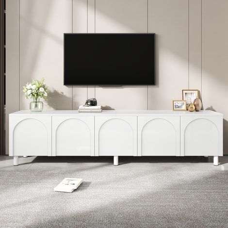Mueble TV 180x38x45 cm, mueble bajo para salón, de MDF y metal con 5 puertas arqueadas, blanco (1/5)