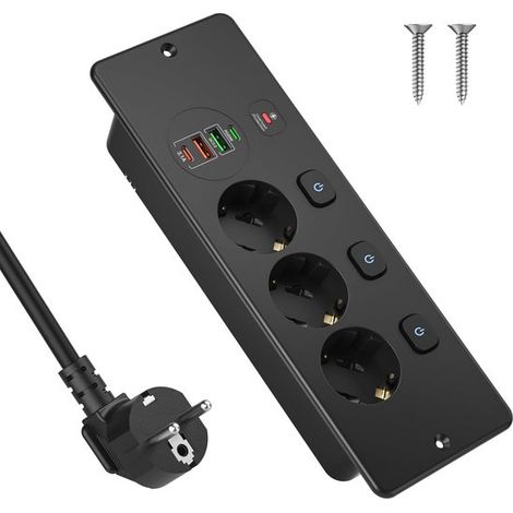 Enchufe，Regleta de escritorio，Enchufe de tres clavijas，Con 4 puertos USB-C，Enchufe con interruptor individual，Cable de 2 metros，Negro (1/5)