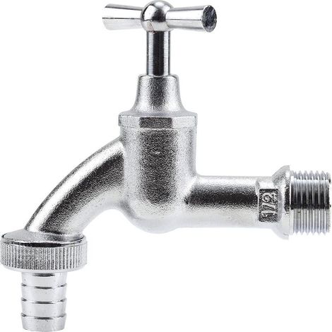 Robinet : Robinet chromé à double usage (intérieur/extérieur), filetage de 21 mm (G 1/2"), adapté aux tuyaux de 13 mm (1/2").