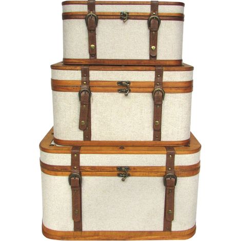 Set de 3 baúles apilables de madera y polipiel crudo 53 cm (1/5)
