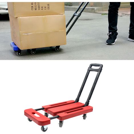 Chariot pliable 10cm base rétractable 6 roues caoutchouc silencieuses, forte capacité, antidérapant, diable pliant pour bagages, rouge (1/5)