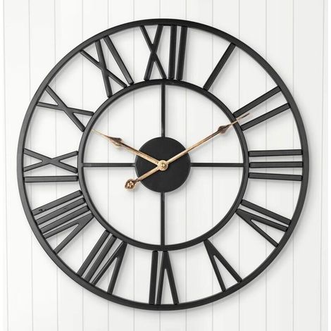 Horloge Murale silencieuse, Horloge Vintage de Ferme européenne avec Chiffres Romains, Horloge décorative Squelette en métal à Piles sans coutil de 40 cm pour la Cuisine à la Maison (Noir)