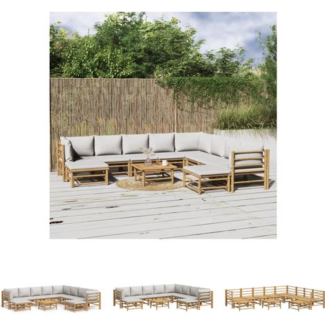 Gartenmöbel - vidaXL 11-tlg. Garten-Lounge-Set mit Hellgrauen Kissen Bambus - Sitzkissen (1/5)