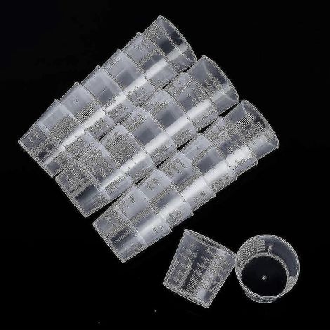 Lot de 100 gobelets doseurs de 30 ml avec graduation, en plastique PP, avec couvercle. Gobelets gradués pour expériences, propres et vides. (1/5)