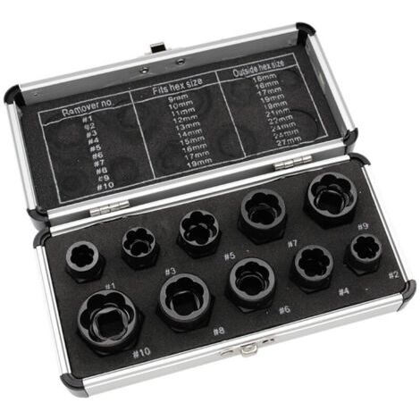 Set of 10 impact nut extractors for removing damaged, rusted and worn screws, nuts and bolts.--DTEKGAZ