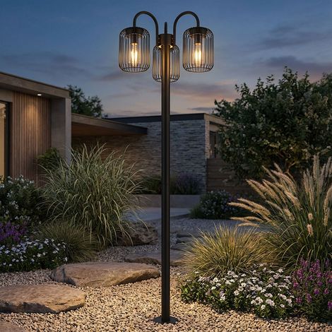 Lampada da terra, lanterna, lampada da esterno, lampione retrò, acciaio inox, lampada da terrazza, resistente alle intemperie, lampada da giardino, aste in metallo, nero, 3 attacchi E27