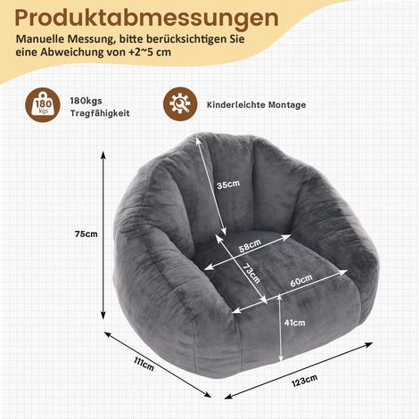 Pouf poire adulte, fauteuil relax douillet en simili fourrure, compressé sous vide, prêt à l'emploi, idéal salon, chambre, terrasse - Taille XL (Gris perle) (1/5)