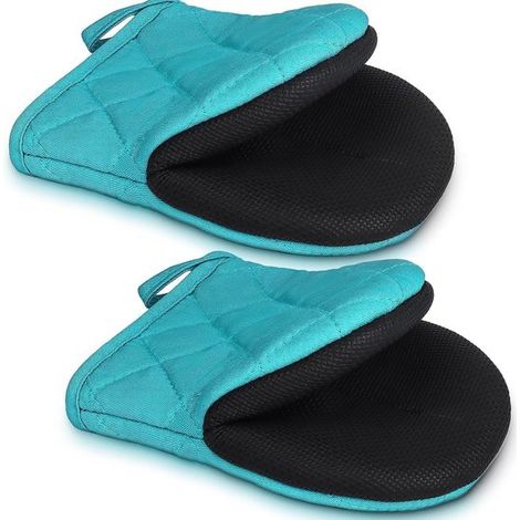 1 par de guantes cortos para horno, guantes de cocina mini resistentes al calor, de algodón con superficie antideslizante, barbacoa, color azul (1/2)