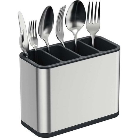 Stainless steel cutlery drainer, silver, kitchen table storage with 4 compartments and non-slip drip tray (1/4)