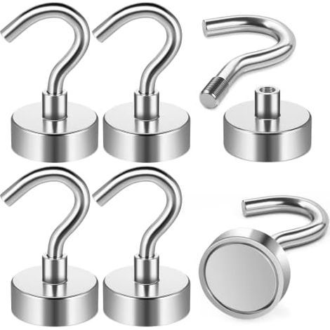 Set of 6 magnetic hooks, 10 kg pulling force, extra strong neodymium magnets, magnets with hook for hanging towels, home, kitchen, workplace, office - Silver (1/5)