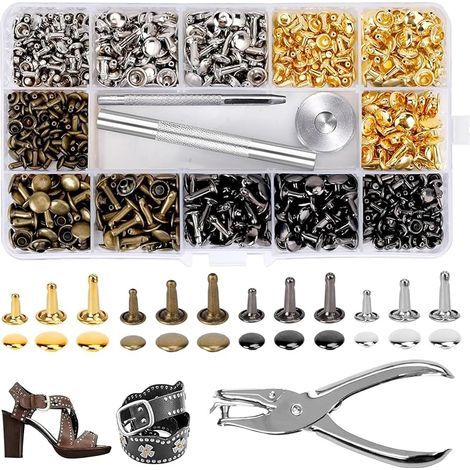 360 Pièces Rivets Cuir avec 3 Outil Fixation & Punch Pince, 3 Tailles Goujons Tubulaires Rivet Double, 4 Couleurs Rivets Couture, Bouton Pression Métal pour Artisanat DIY, Vêtements Déco, Remplacement (1/5)