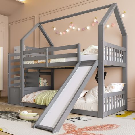 Letto a soppalco in legno di pino grigio 90x200 cm con scivolo, scala contenitore e barriera (1/5)