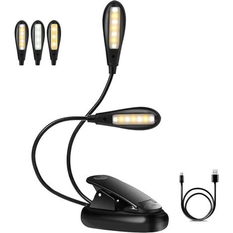Lampada da lettura ricaricabile, 14 LED, 3 colori, 9 livelli di luminosità, clip girevole a 360°, collo flessibile, cavo portatile e flessibile per lavoro, viaggi e lettura notturna [Class - Crezuo]