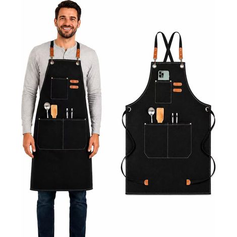 Tablier de barbecue tablier en toile 68 x 85 cm avec bandoulière réglable tabliers de cuisine avec 3 poches tablier femme tablier homme pour le jardinage restaurant barbecue (1/5)