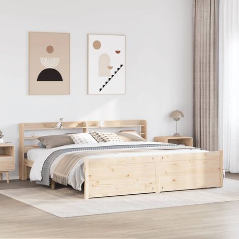 Cadre de Lit Pin Massif 200x200cm avec Tête de Lit à Étagères (1/4)