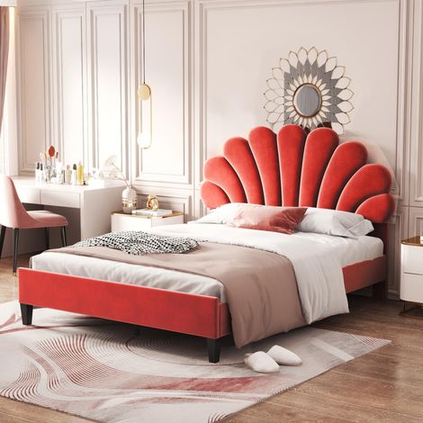 Letto matrimoniale in velluto, 140x200 cm - rete a doghe, testiera floreale, stile scandinavo - Rosso