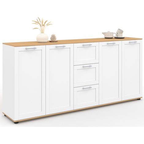 Idmarket – Buffet 180 cm bicolore bois et blanc – 4 portes avec étagères ajustables – 3 tiroirs – Style campagne chic moderne