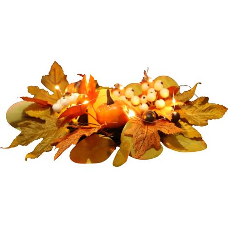 Couronne d'anneaux de bougies en feuilles d'érable artificielles, 30cm, 20led, pour Thanksgiving, avec guirlande lumineuse de 2m, blanc chaud (1/5)