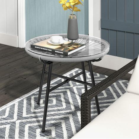 Tavolino da esterno 50x50x50 cm grigio in metallo con vetro temperato e rattan PE stile boho (1/5)