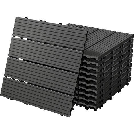 ECD Germany WPC Terrassenfliesen 30x30 cm/11 Fliesen=1m², Anthrazit, geriffelt, Holzoptik, Bodenbelag mit Klicksystem & Drainage, Terrassendielen Balkonfliesen, Klickfliesen für Terrasse Garten Balkon