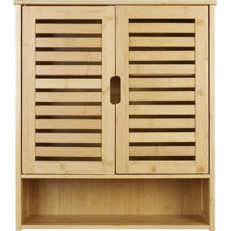Bamboo Bathroom Wall Cabinet Storage 2 Door Cupboard 3 Shelves - Natural (1/5)