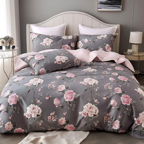 Bettwäsche-Set 155x220cm mit 2 Kissenbezügen 80x80cm, 3D Blumen Rosen Grau Rosa