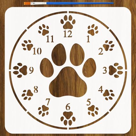 Pochoirs de Cadran d'Horloge Animal de Compagnie avec Pinceau 30x30cm Grand Pochoir de Peinture d'Empreintes de Patte Pochoir Cadran Horloge Réutilisable pour Mur Bois Meuble DIY Maison (1/5)