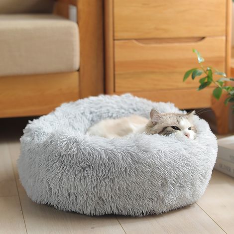 60CM Round Faux Fur Fluffy Shaggy Sheepskin Pet Bed, Light Grey (1/5)