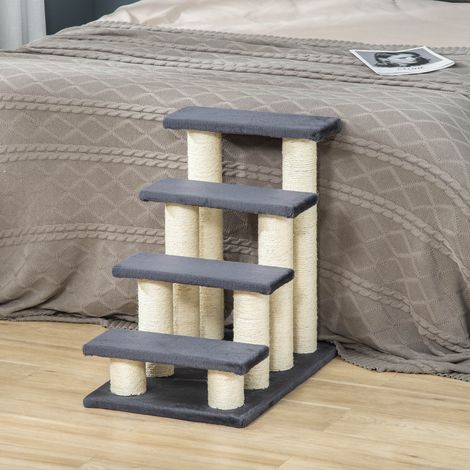 Escalera para Mascotas 60x42x61 cm Escalera para Gatos Perros Mayores Enfermos Pequeños Cubierta Suave de Peluche Rascador de Sisal Estable 4 Pasos Gris (1/5)