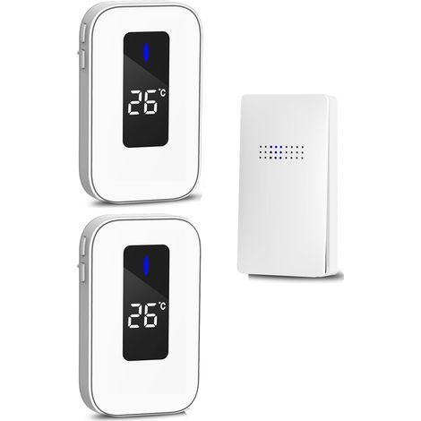 Sonnette sans Fil,Carillon sans Fil sans Pile, Bouton Sonnette Auto-Alimenté Kit Carillon Électronique Affichage de la température avec 38 sonneries, 4 Mode Volume pour Maison, Bureau (Blanc, 1+1) (1/5)