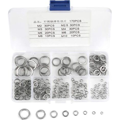 180pcs 8 Taille Coffret Assortiment de Rondelles de Ressort en acier inoxydable 304, Kit Rondelles de Ressort M2 M2.5 M3 M4 M5 M6 M8 M10 (1/5)