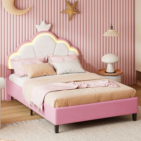 Letto 90x190 cm - Letto per bambini 90x190 cm - Letto da principessa con LED RGB - Letto da bambina con design a corona - in velluto rosa e bianco (1/5)