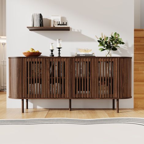 Credenza 160x40x70 cm con 4 ante scorrevoli perforate, ripiani regolabili, MDF e metallo nero - noce (1/5)