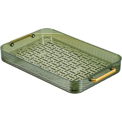 Plateau de service à thé à double couche avec poignées, design décoratif et drainage de l'eau, couleur vert foncé (1/5)