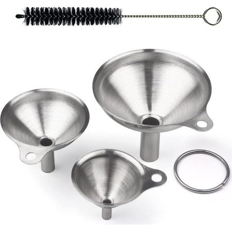 Set di 3 imbuti piccoli in acciaio inox con manico e spazzola per trasferire liquidi, polveri e olio (5,7/7/9 cm) (1/4)