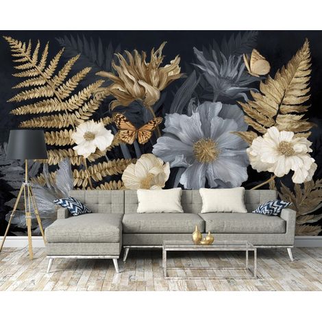 Fototapete Blätter Blumen Gold, für Wohnzimmer und Schlafzimmer, 300 x 210 cm – Komplettset inkl. Kleister & Anleitung (1/5)