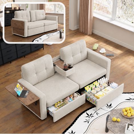 Sofá de 2 plazas 178x71x57,5 cm de chenilla beige con almacenaje integrado – MEUBLIV (1/5)