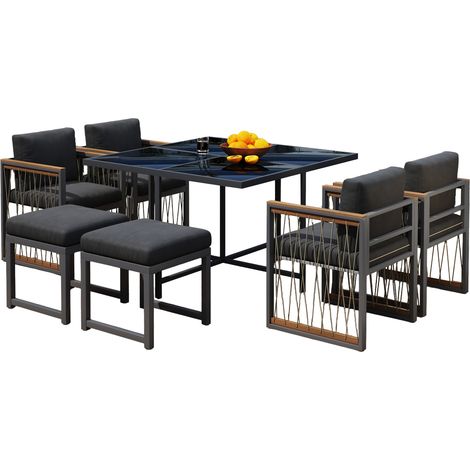 CHICFURN Set da giardino 7 pezzi per 6 persone, 117 x 117 cm, vetro temperato nero e legno (1/5)