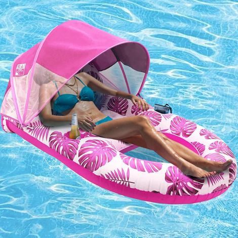 Colchón hinchable para piscina, tumbona hinchable para piscina con sombrilla, flotador para adultos con respaldo y portavasos. (1/5)