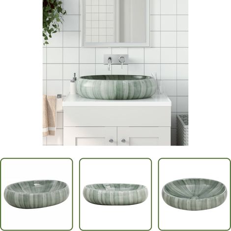 vidaXL Grün Waschbecken -  Aufsatzwaschbecken Grün Oval 59x40x15 cm Keramik