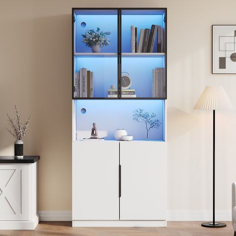 Vitrine blanche 80x30x200cm, portes vitrées, éclairage LED réglable, étagère pour collections - Moderne minimaliste (1/5)