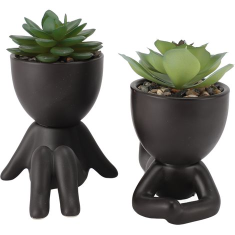 Set aus 2 künstlichen Blumentöpfen für Sukkulenten, niedlich und innovativ, in Form von Mini-Figurentöpfen, zur Dekoration von Zuhause oder Büro (schwarz).
