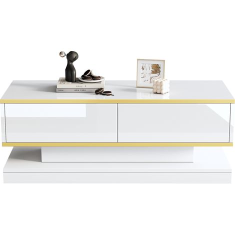Table basse blanche brillante avec 2 grands tiroirs, forme originale, plateau effet laqué et contours dorés, meuble salon pratique pour rangement - CHICFURN (1/5)
