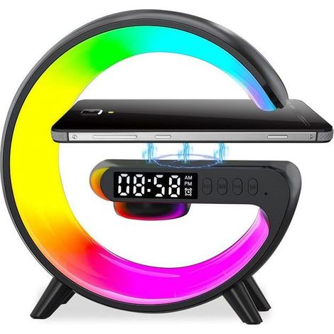 Nachttischlampe mit kabellosem Ladegerät, Bluetooth-Lautsprecher, Wecker und mehrfarbigem Stimmungslicht für das Schlafzimmer (1/5)