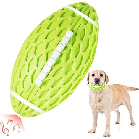Balle à mâcher pour chien avec couineur, jouet pour chiens à mâchoires puissantes, balle en caoutchouc en forme de rugby avec couineur, balle interactive pour jouer à la balle et en extérieur, verte (1/5)